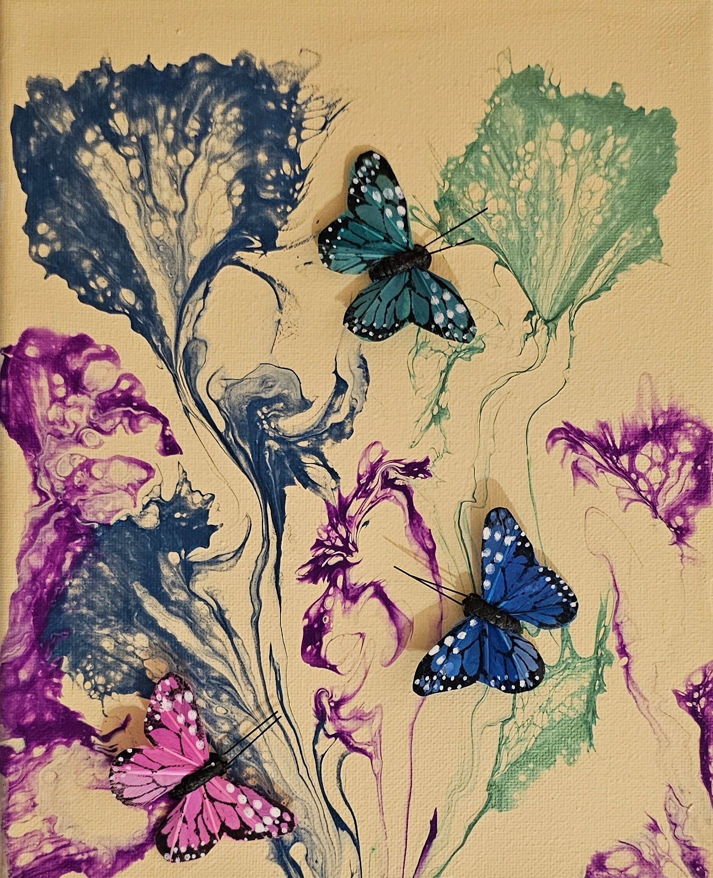 Butterflies and floral elements on a textured beige background